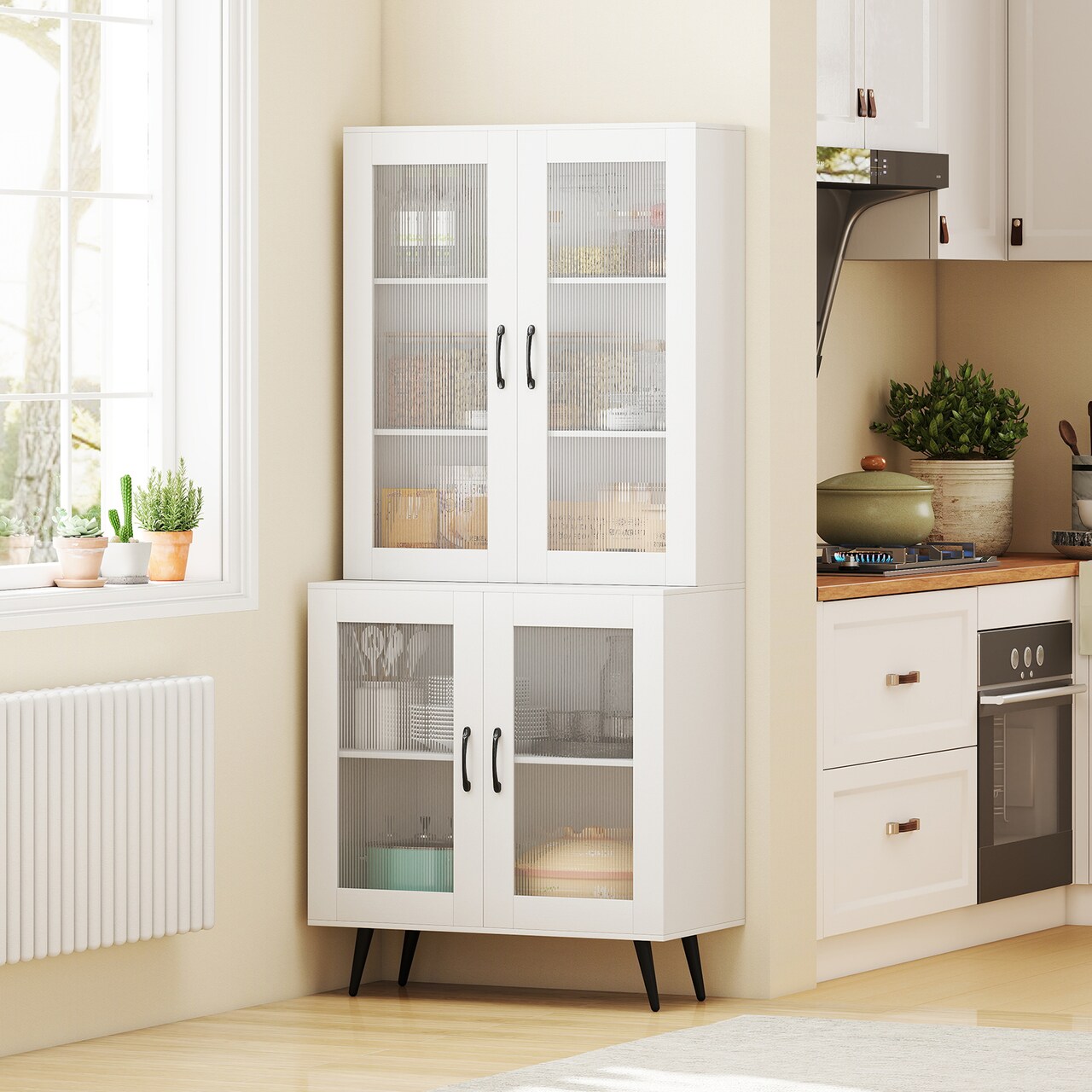 Modern 70" Tall Storage Cabinet with Glass Panel Doors and Adjustable Shelves for Kitchen or Dining